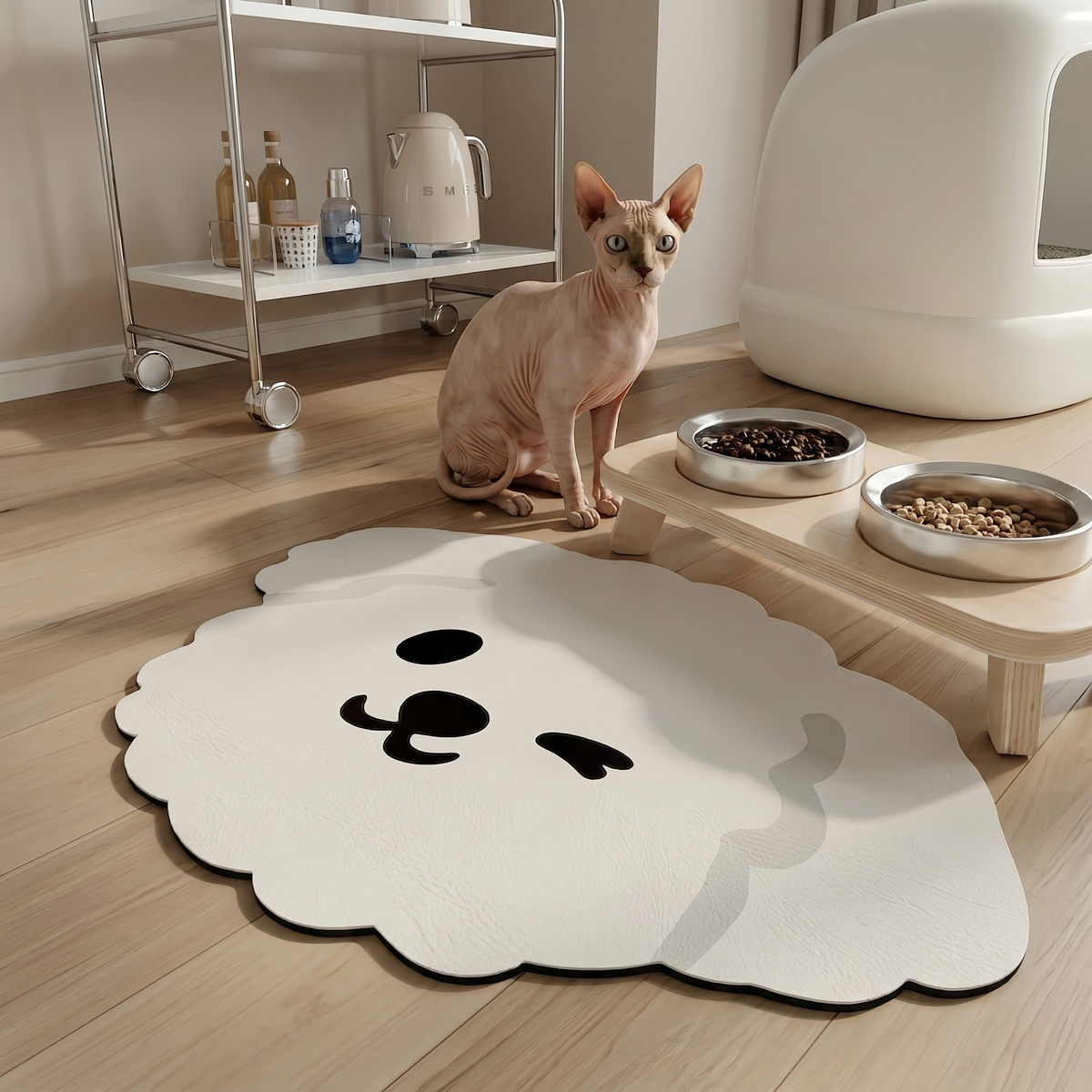 Ciotole pappa cane e gatto posizionate su tappetino sagomato PixePad Silhouette